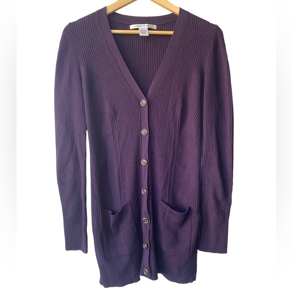 Diane Von Furstenburg‎ Wool Long Cardigan Sweater Size M Eggplant Purple Ribbed
